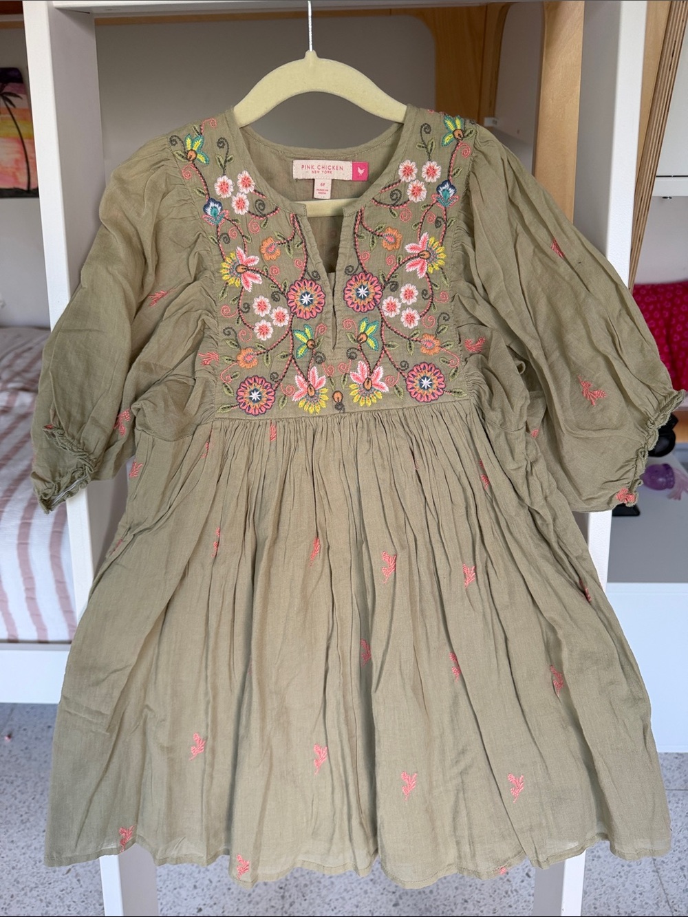 Pink Chicken Olive Green Embroidered Floral Girls Dress